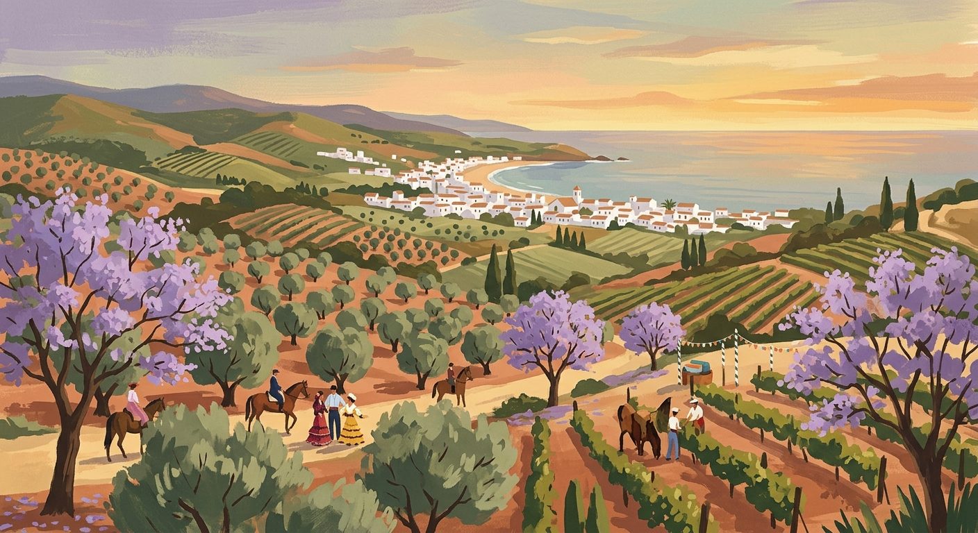 Poster: Horses, Jacarandas, and the Perfect Cádiz Sunset
