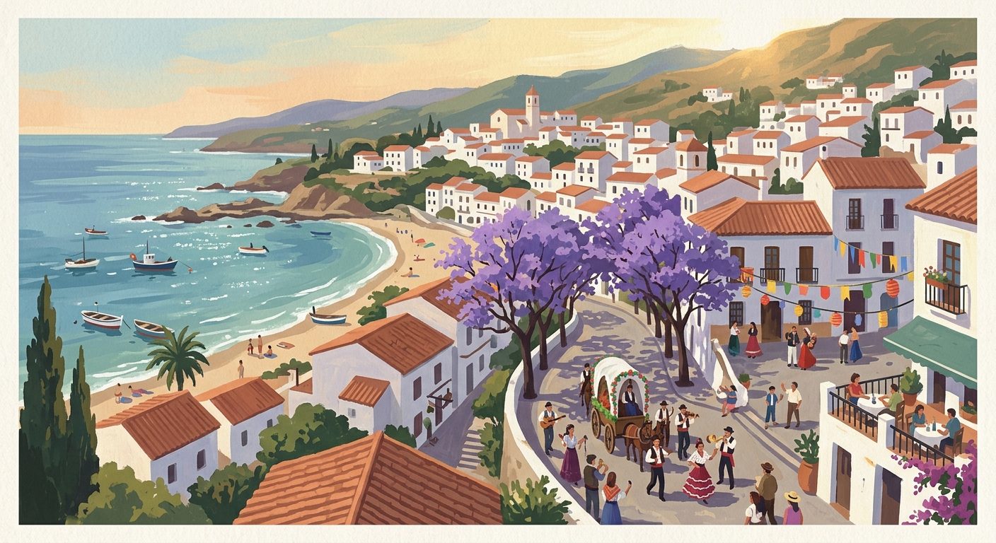 Poster: Purple Blooms and Coastal Light: Your Perfect May Sunday